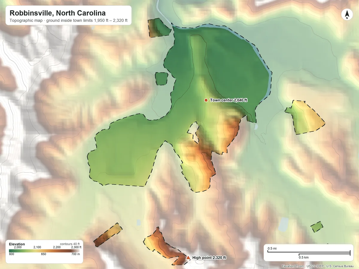 Topographic elevation map of Robbinsville, North Carolina, shaded from 1,950 ft on the north side to 2,320 ft at the foot of the Cheoah Mountains
