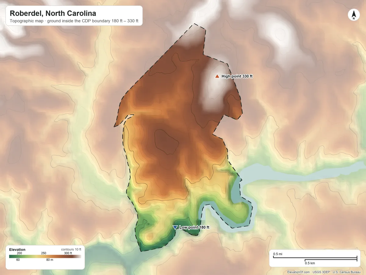 Topographic elevation map of Roberdel, North Carolina, shaded from 180 ft on the southwest side to 330 ft on the north side