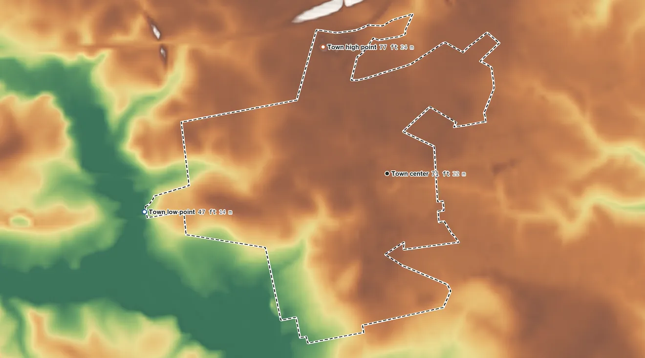 Topographic elevation map of Robersonville, North Carolina, shaded from 47 ft on the west side to 77 ft on the northwest side