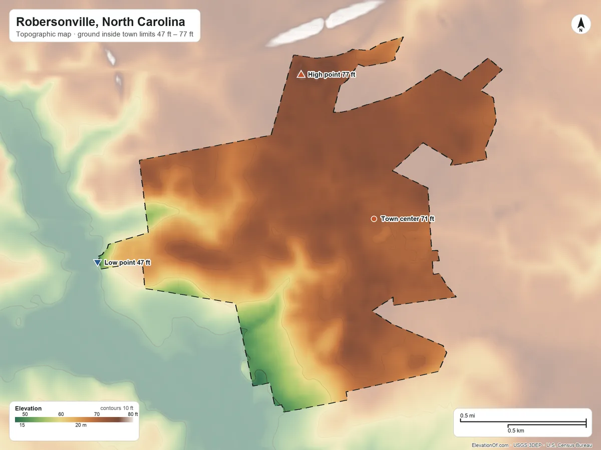 Topographic elevation map of Robersonville, North Carolina, shaded from 47 ft on the west side to 77 ft on the northwest side