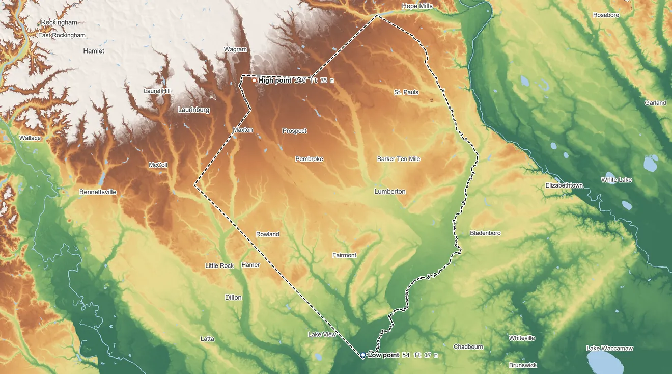 Topographic elevation map of Robeson County, North Carolina, shaded from 54 ft on the south side to 240 ft on the northwest side