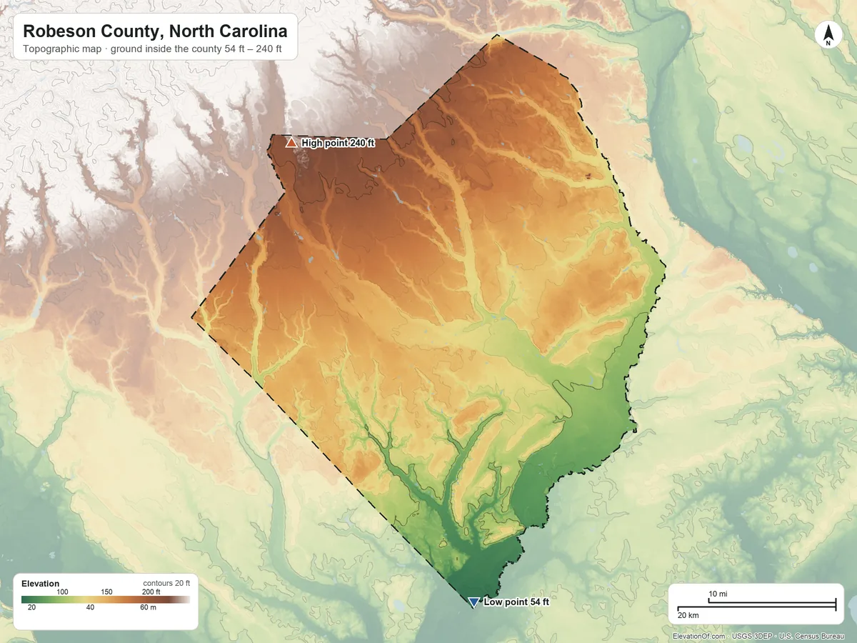 Topographic elevation map of Robeson County, North Carolina, shaded from 54 ft on the south side to 240 ft on the northwest side