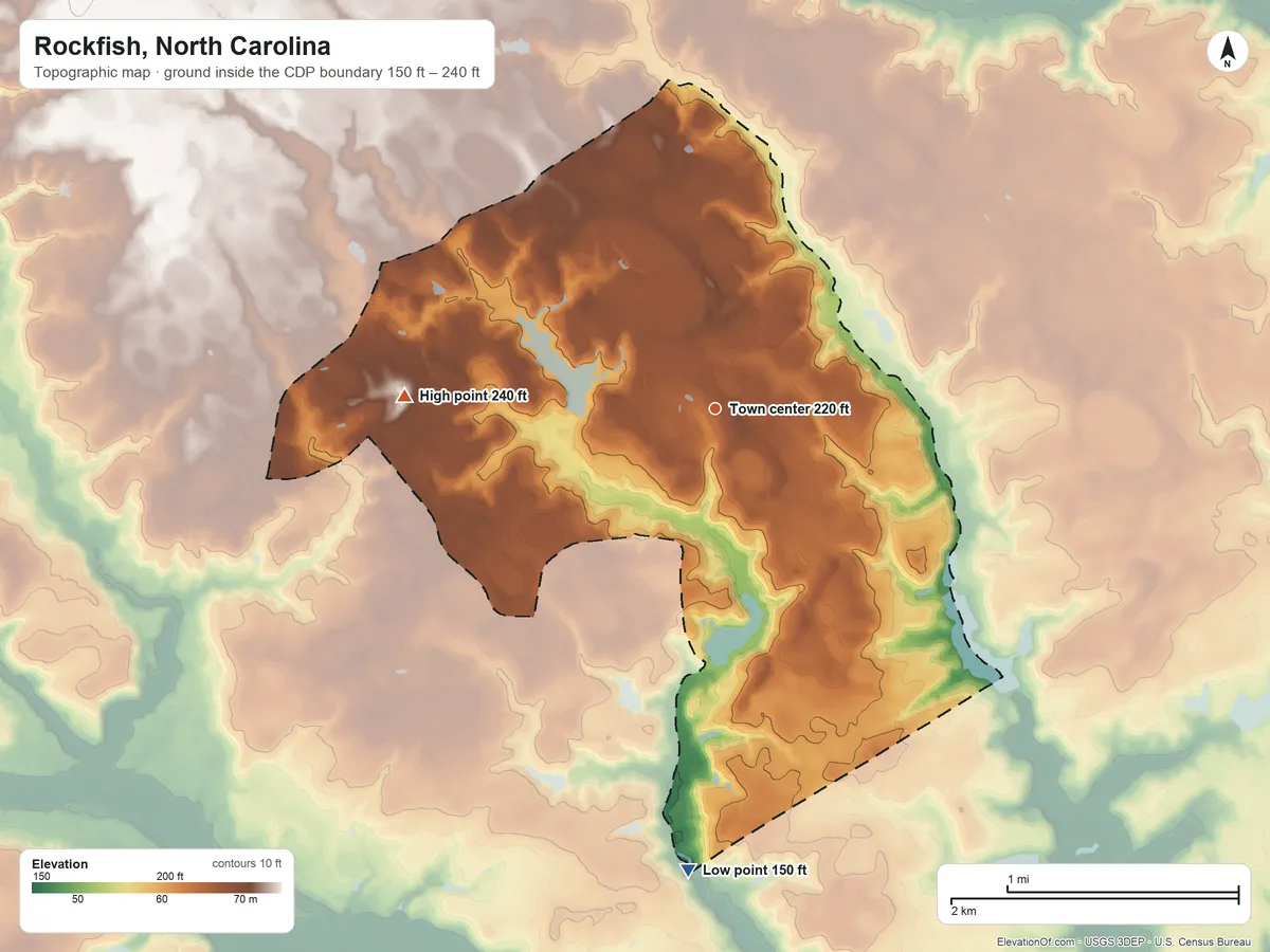 Topographic elevation map of Rockfish, North Carolina, shaded from 150 ft on the south side to 240 ft on the west side