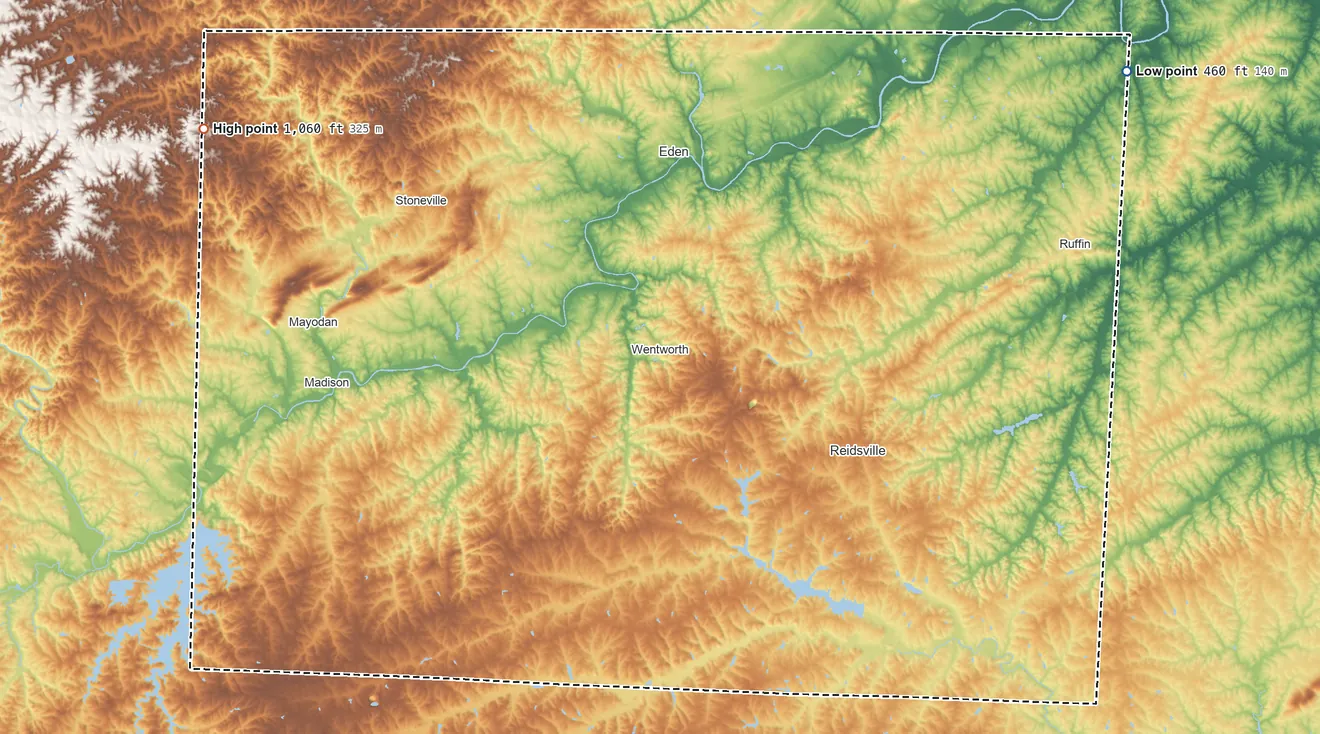 Topographic elevation map of Rockingham County, North Carolina, shaded from 460 ft on the northeast side to 1,060 ft on the northwest side