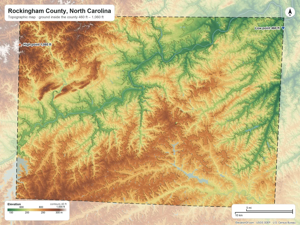 Topographic elevation map of Rockingham County, North Carolina, shaded from 460 ft on the northeast side to 1,060 ft on the northwest side