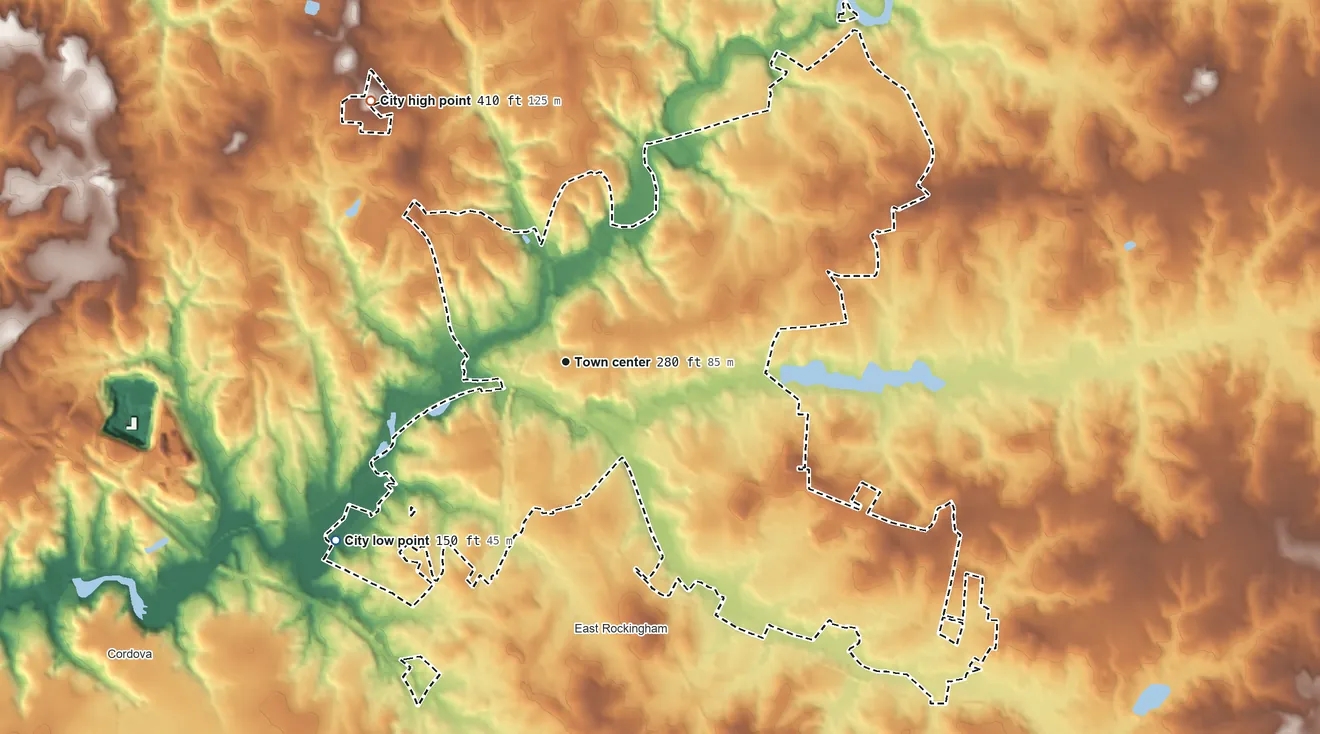 Topographic elevation map of Rockingham, North Carolina, shaded from 150 ft on the southwest side to 410 ft on the northwest side