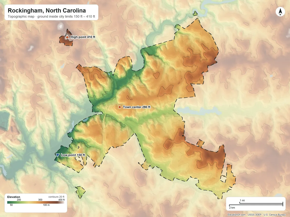 Topographic elevation map of Rockingham, North Carolina, shaded from 150 ft on the southwest side to 410 ft on the northwest side