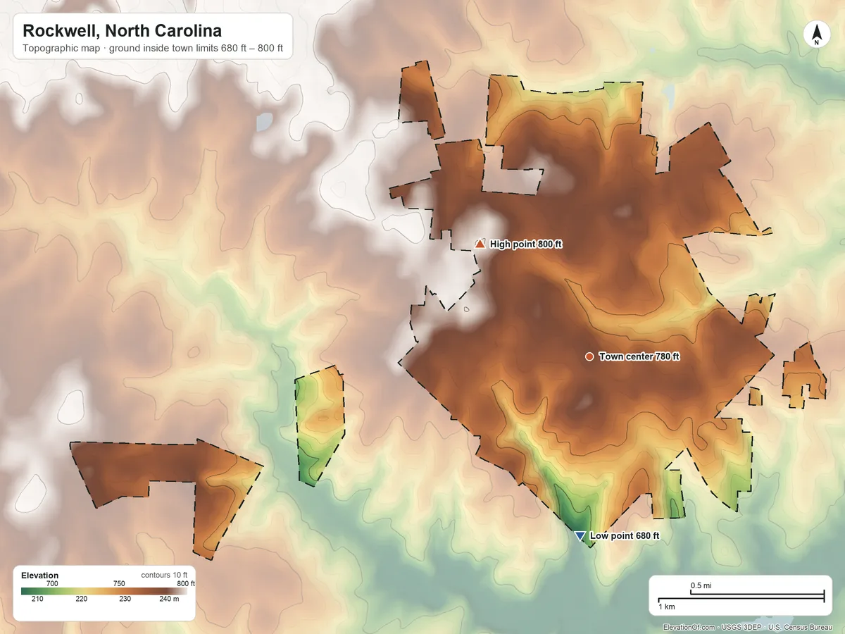 Topographic elevation map of Rockwell, North Carolina, shaded from 680 ft on the south side to 800 ft on the northwest side