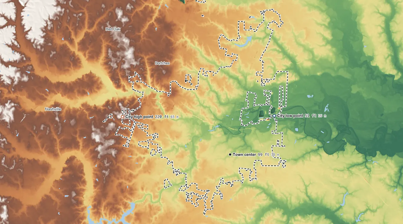 Topographic elevation map of Rocky Mount, North Carolina, shaded from 51 ft on the northeast side to 220 ft on the west side
