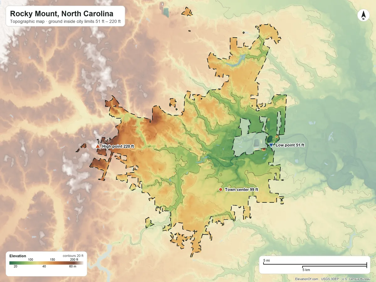 Topographic elevation map of Rocky Mount, North Carolina, shaded from 51 ft on the northeast side to 220 ft on the west side