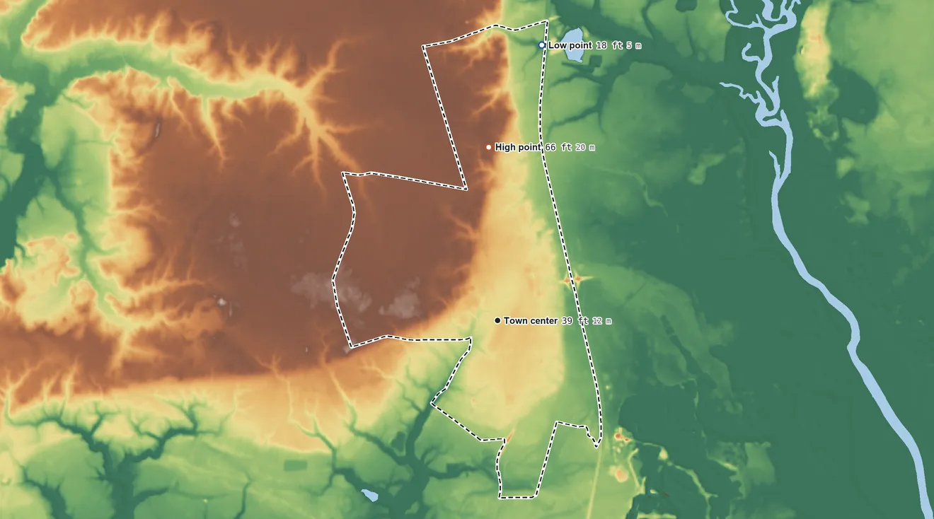 Topographic elevation map of Rocky Point, North Carolina, shaded from 18 ft on the north side to 66 ft on the north side