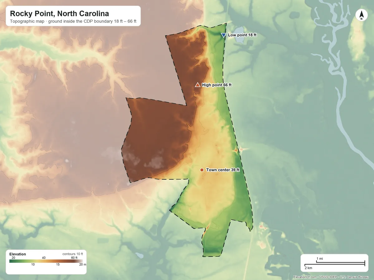 Topographic elevation map of Rocky Point, North Carolina, shaded from 18 ft on the north side to 66 ft on the north side