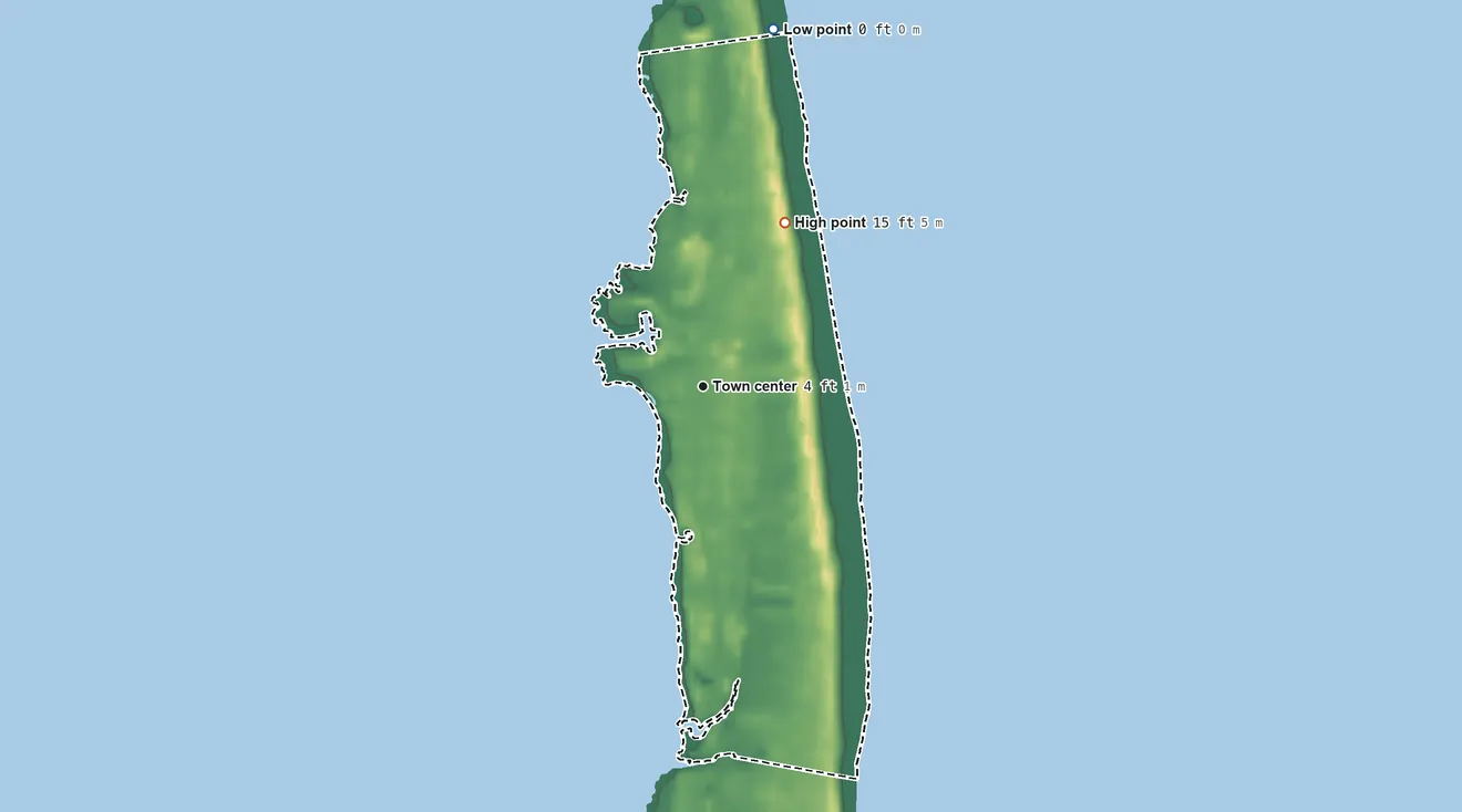 Topographic elevation map of Rodanthe, North Carolina, shaded from sea level level on the Atlantic Ocean to 15 ft on the northeast side