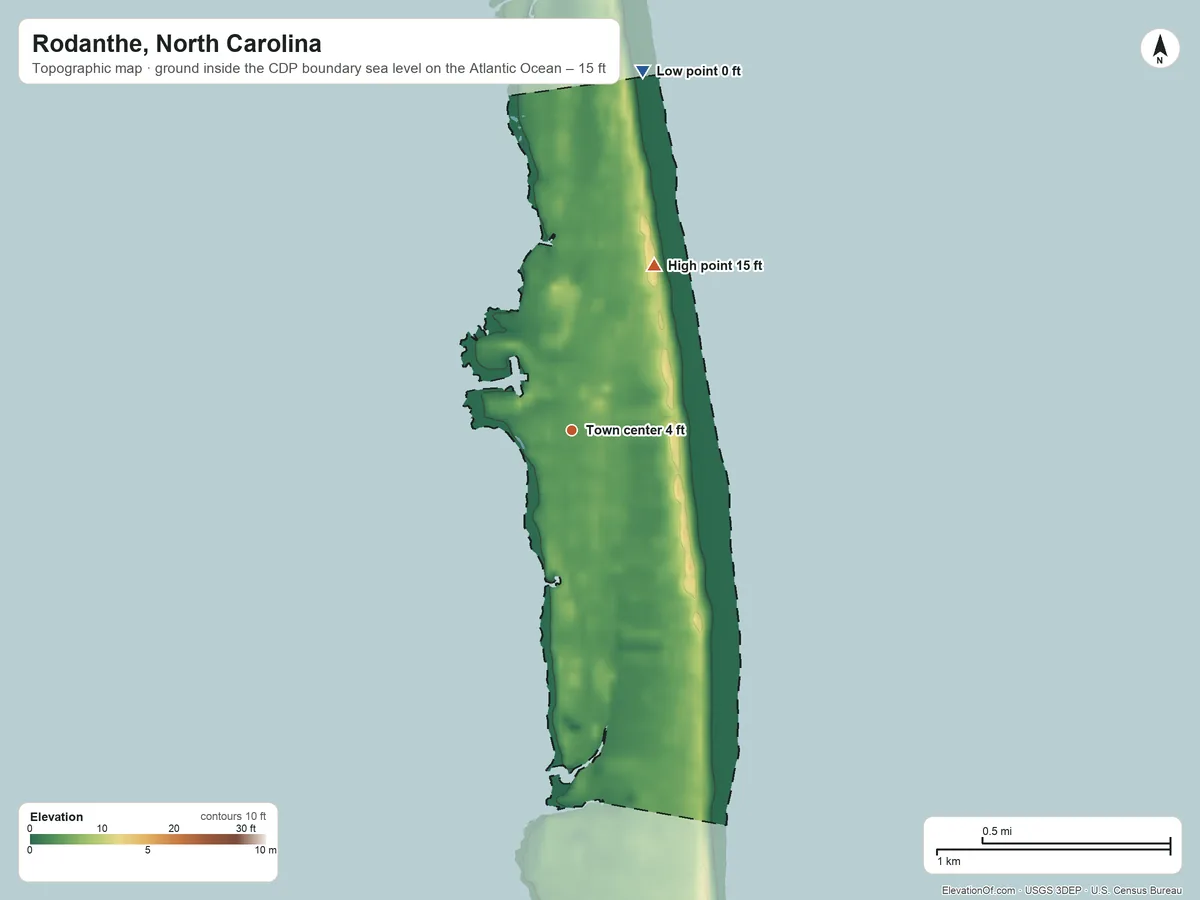 Topographic elevation map of Rodanthe, North Carolina, shaded from sea level level on the Atlantic Ocean to 15 ft on the northeast side