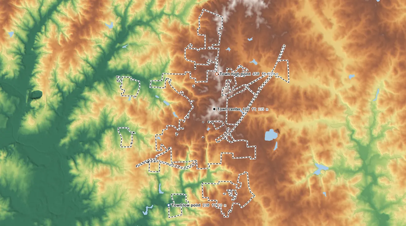 Topographic elevation map of Rolesville, North Carolina, shaded from 230 ft on the southwest side to 450 ft on the north side