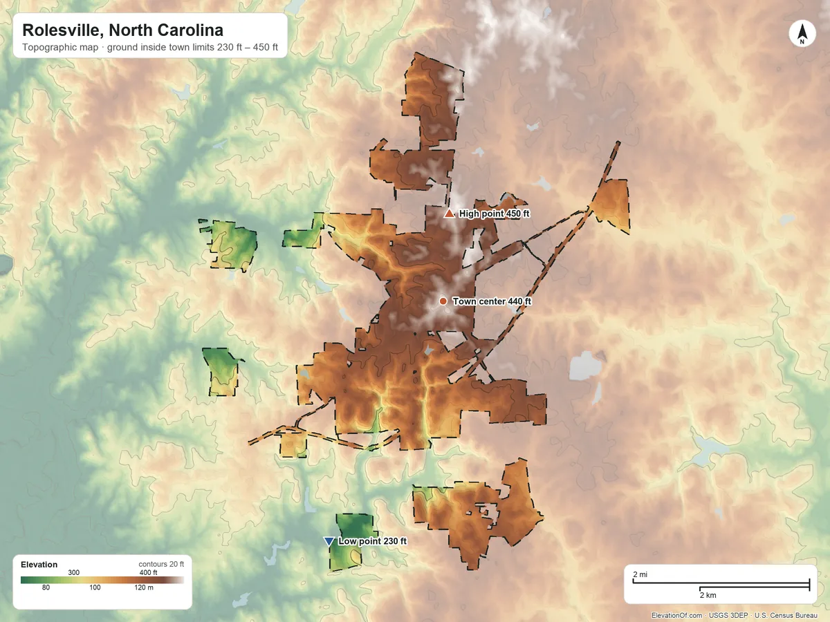 Topographic elevation map of Rolesville, North Carolina, shaded from 230 ft on the southwest side to 450 ft on the north side