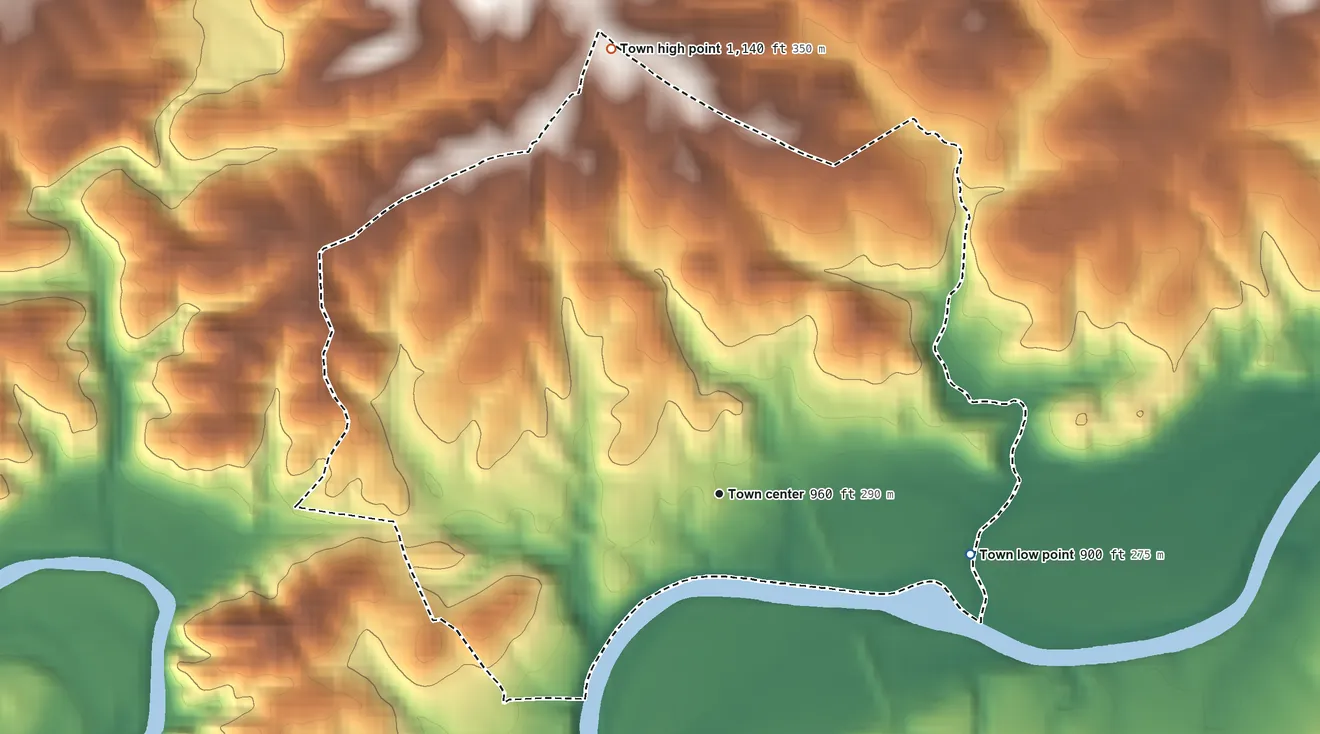 Topographic elevation map of Ronda, North Carolina, shaded from 900 ft on the east side to 1,140 ft on the north side