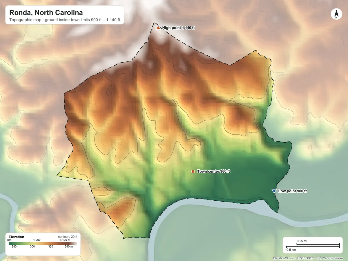Topographic elevation map of Ronda, North Carolina, shaded from 900 ft on the east side to 1,140 ft on the north side