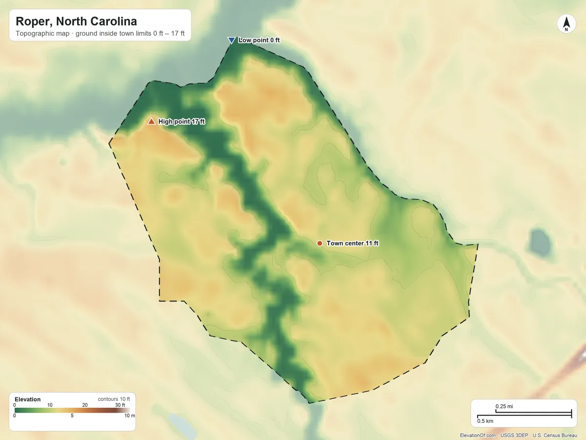 Topographic elevation map of Roper, North Carolina, shaded from 0 ft on the northwest side to 17 ft on the northwest side