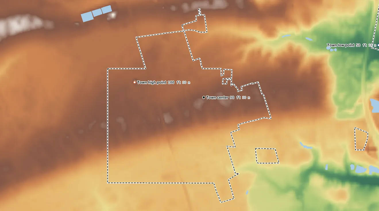 Topographic elevation map of Rose Hill, North Carolina, shaded from 58 ft on the east side to 100 ft on the west side