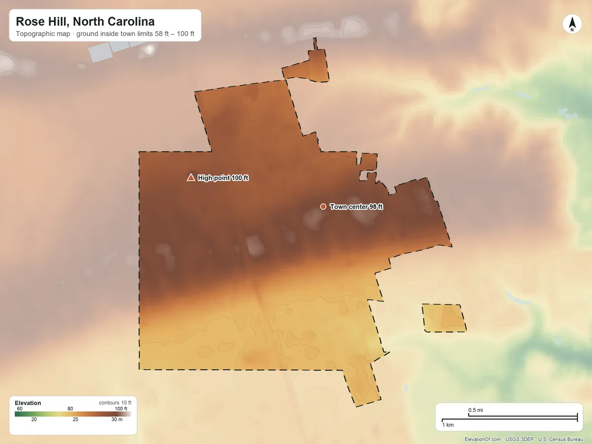 Topographic elevation map of Rose Hill, North Carolina, shaded from 58 ft on the east side to 100 ft on the west side