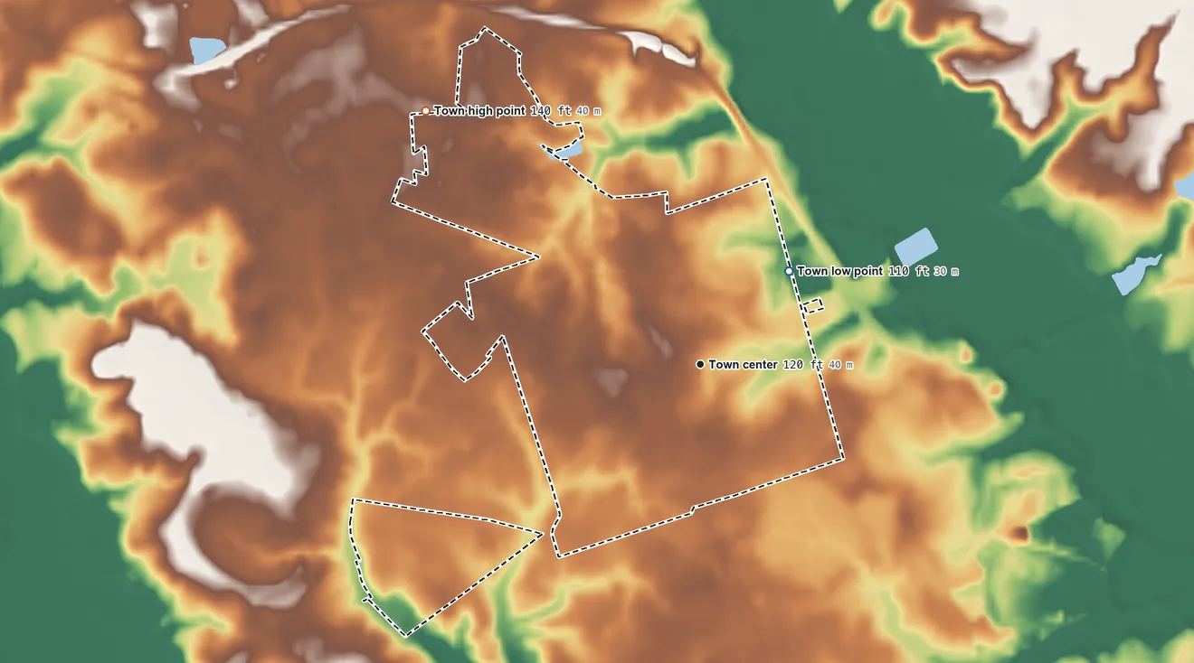Topographic elevation map of Roseboro, North Carolina, shaded from 110 ft on the northeast side to 140 ft on the northwest side