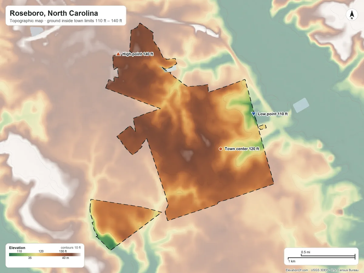 Topographic elevation map of Roseboro, North Carolina, shaded from 110 ft on the northeast side to 140 ft on the northwest side