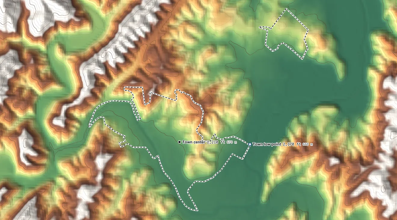Topographic elevation map of Rosman, North Carolina, shaded from 2,170 ft on the east side to 2,510 ft on the west edge, below higher ground just outside