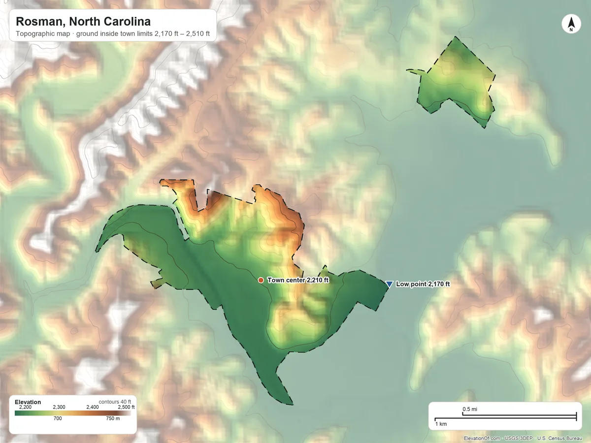 Topographic elevation map of Rosman, North Carolina, shaded from 2,170 ft on the east side to 2,510 ft on the west edge, below higher ground just outside
