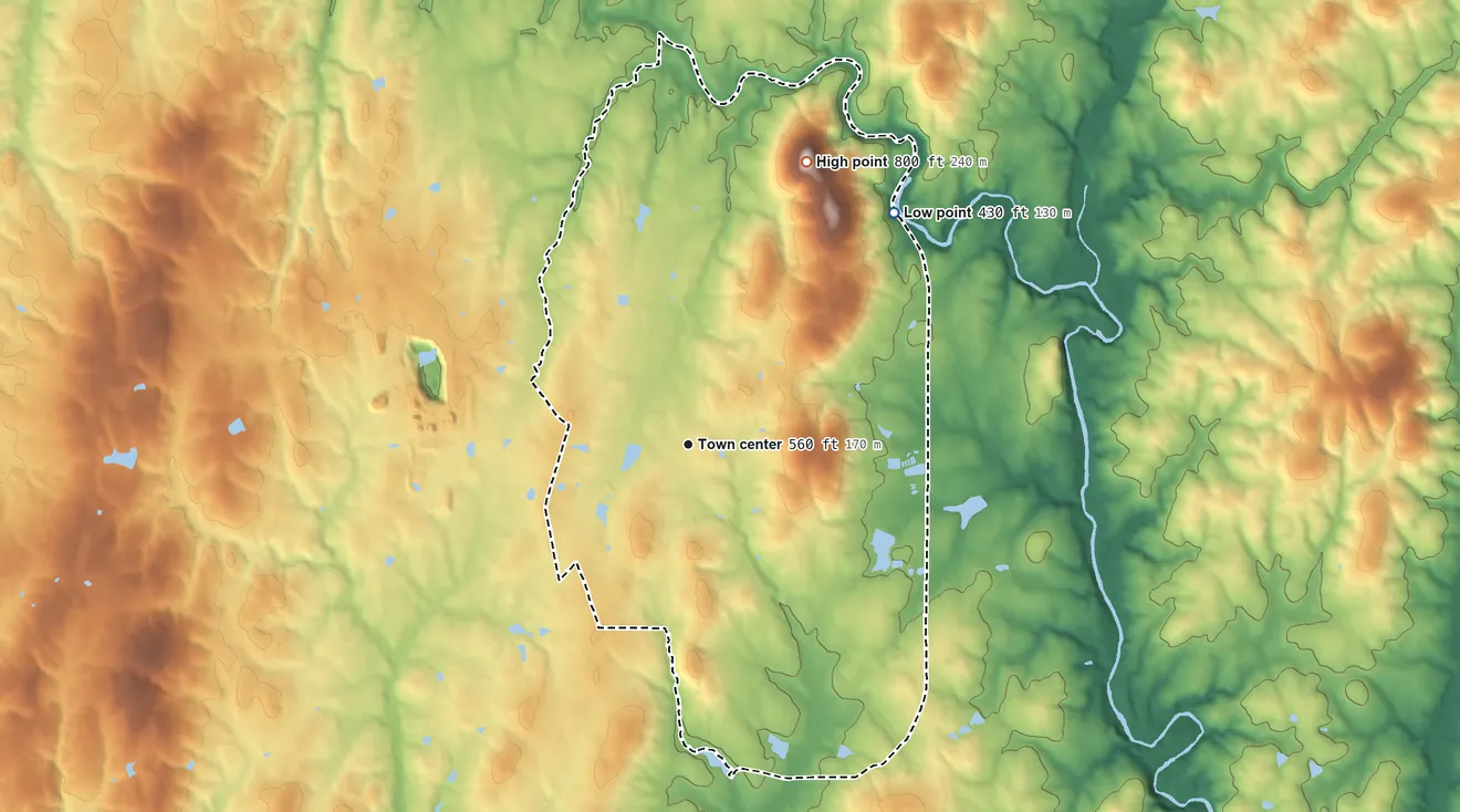 Topographic elevation map of Rougemont, North Carolina, shaded from 430 ft on the northeast side to 800 ft on Red Mountain