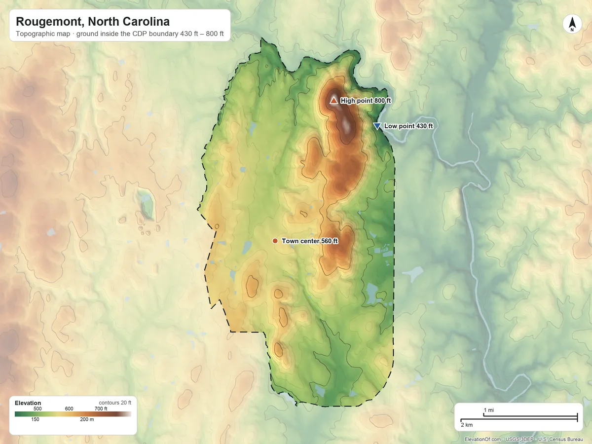 Topographic elevation map of Rougemont, North Carolina, shaded from 430 ft on the northeast side to 800 ft on Red Mountain