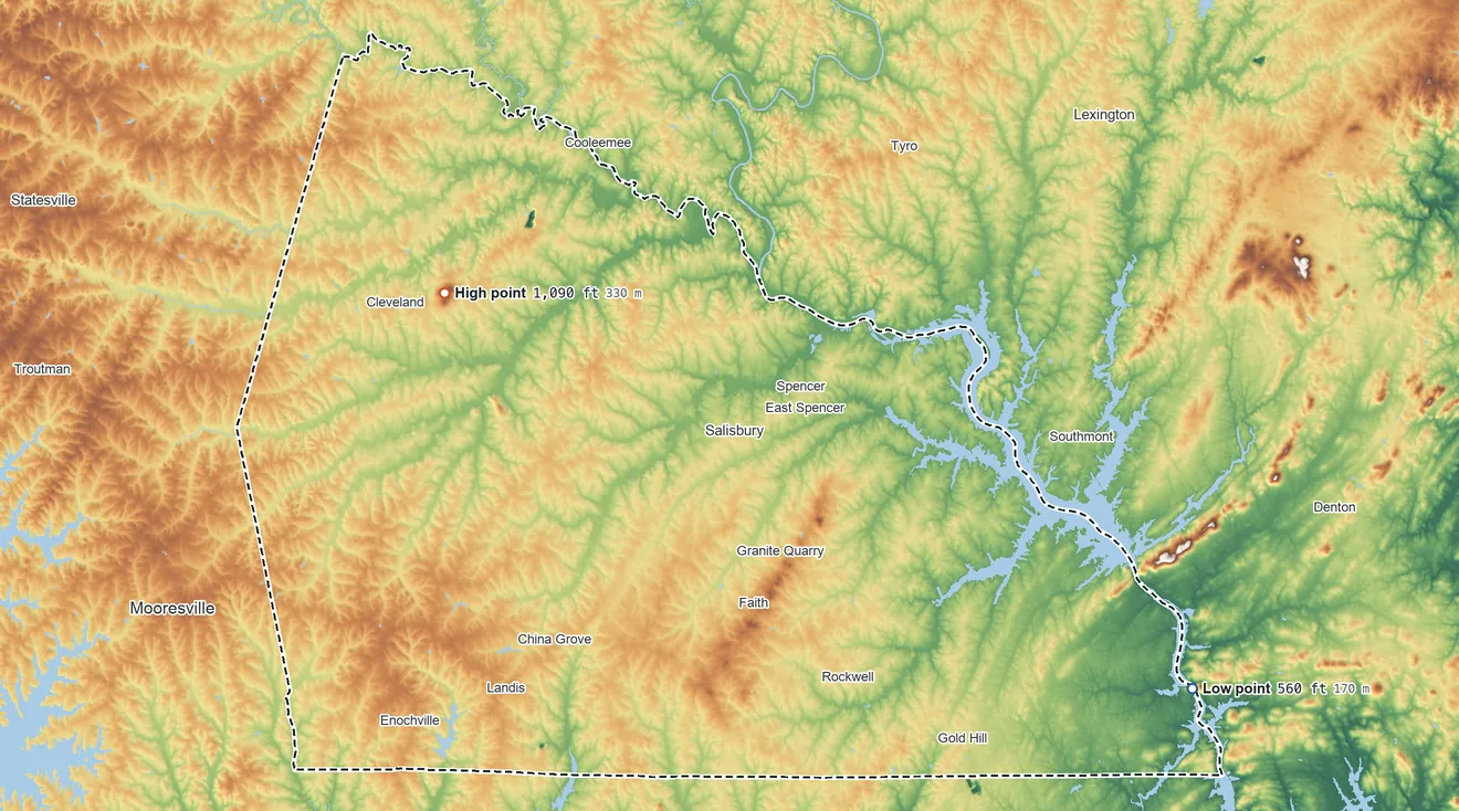 Topographic elevation map of Rowan County, North Carolina, shaded from 560 ft on the southeast side to 1,090 ft on Youngs Mountain