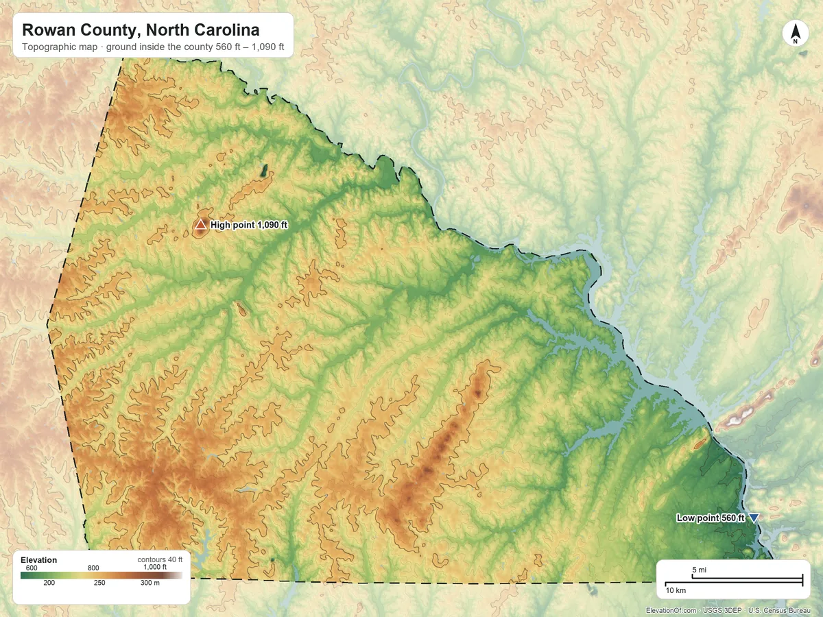 Topographic elevation map of Rowan County, North Carolina, shaded from 560 ft on the southeast side to 1,090 ft on Youngs Mountain