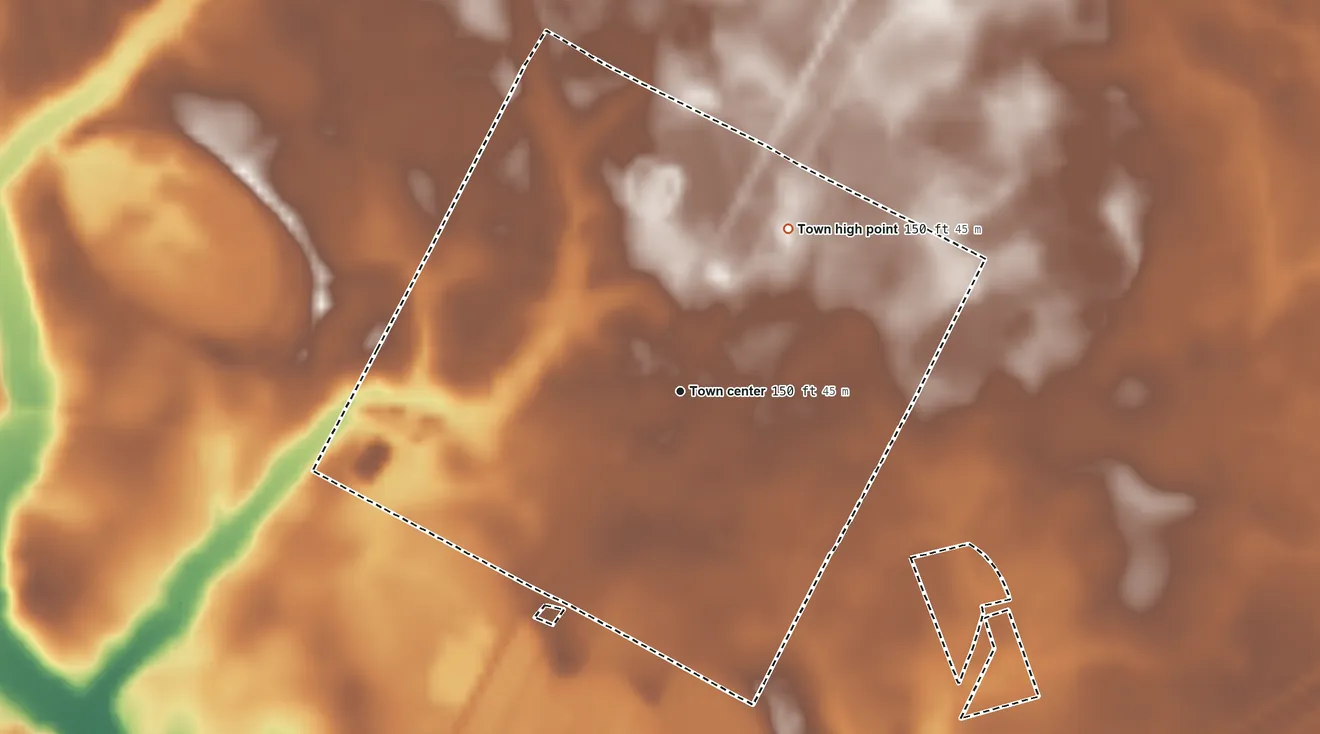 Topographic elevation map of Rowland, North Carolina, shaded from 120 ft on the southwest side to 150 ft on the northeast side