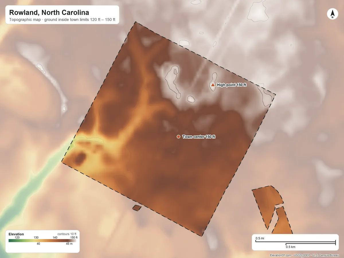 Topographic elevation map of Rowland, North Carolina, shaded from 120 ft on the southwest side to 150 ft on the northeast side
