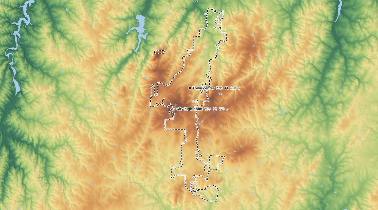 Topographic elevation map of Roxboro, North Carolina, shaded from 450 ft on the north side to 890 ft on the southwest side