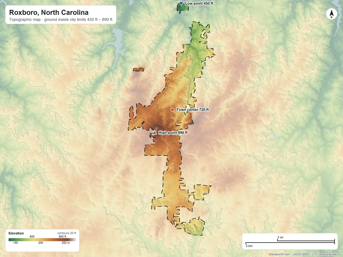 Topographic elevation map of Roxboro, North Carolina, shaded from 450 ft on the north side to 890 ft on the southwest side
