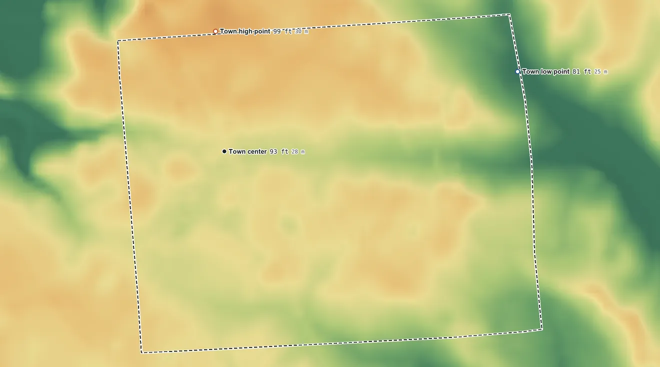 Topographic elevation map of Roxobel, North Carolina, shaded from 81 ft on the east side to 99 ft on the north side