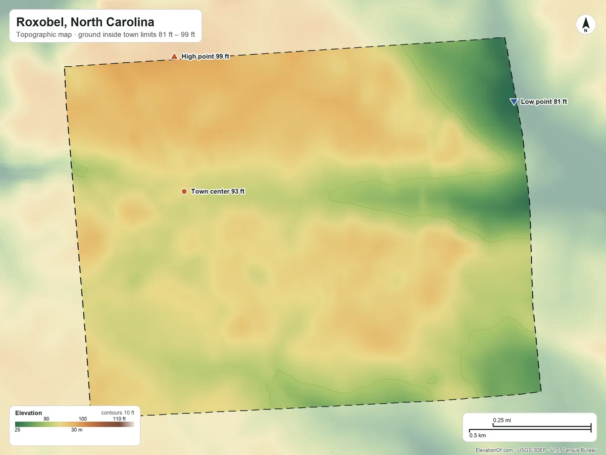 Topographic elevation map of Roxobel, North Carolina, shaded from 81 ft on the east side to 99 ft on the north side