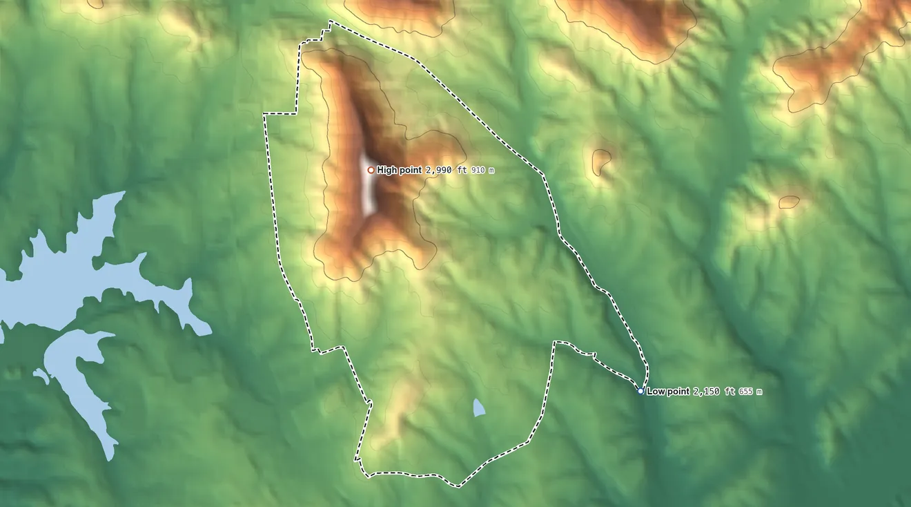 Topographic elevation map of Royal Pines, North Carolina, shaded from 2,150 ft on the southeast side to 2,990 ft on Brown Mountain