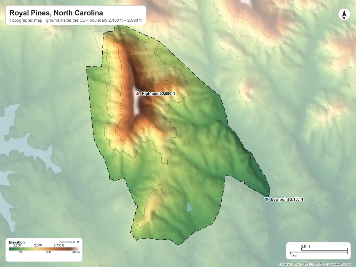 Topographic elevation map of Royal Pines, North Carolina, shaded from 2,150 ft on the southeast side to 2,990 ft on Brown Mountain