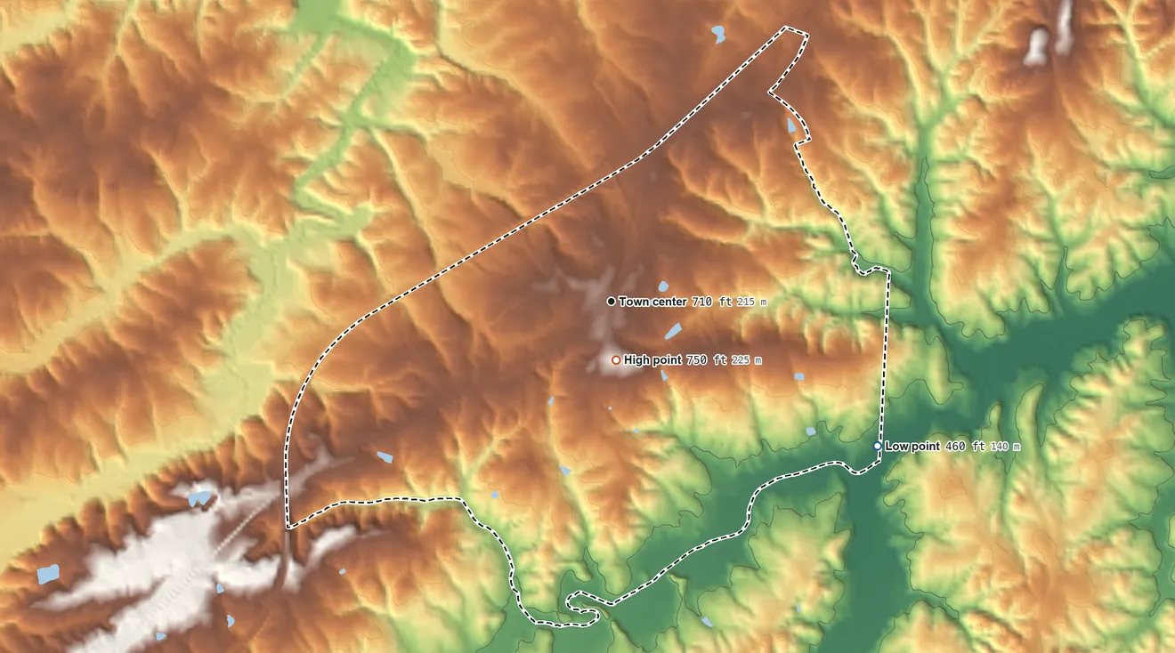 Topographic elevation map of Ruffin, North Carolina, shaded from 460 ft on the southeast side to 750 ft near the middle
