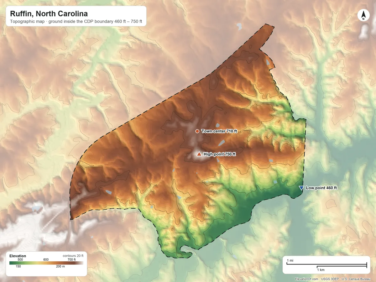Topographic elevation map of Ruffin, North Carolina, shaded from 460 ft on the southeast side to 750 ft near the middle
