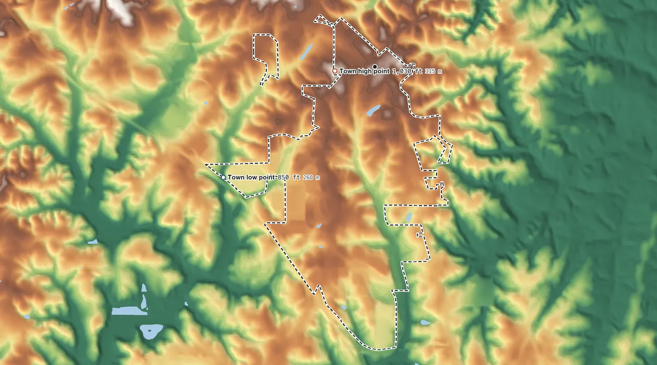 Topographic elevation map of Rural Hall, North Carolina, shaded from 850 ft on the southwest side to 1,030 ft near the middle