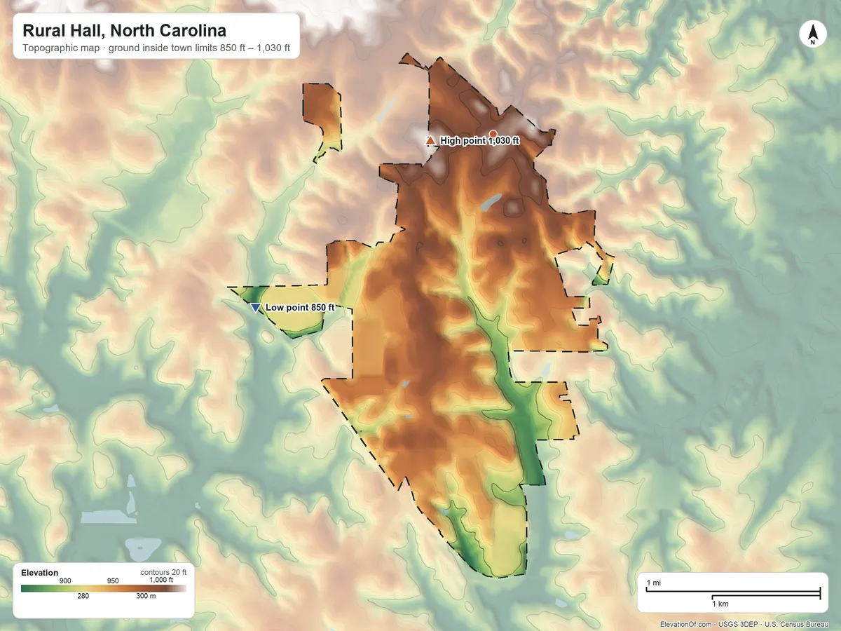 Topographic elevation map of Rural Hall, North Carolina, shaded from 850 ft on the southwest side to 1,030 ft near the middle