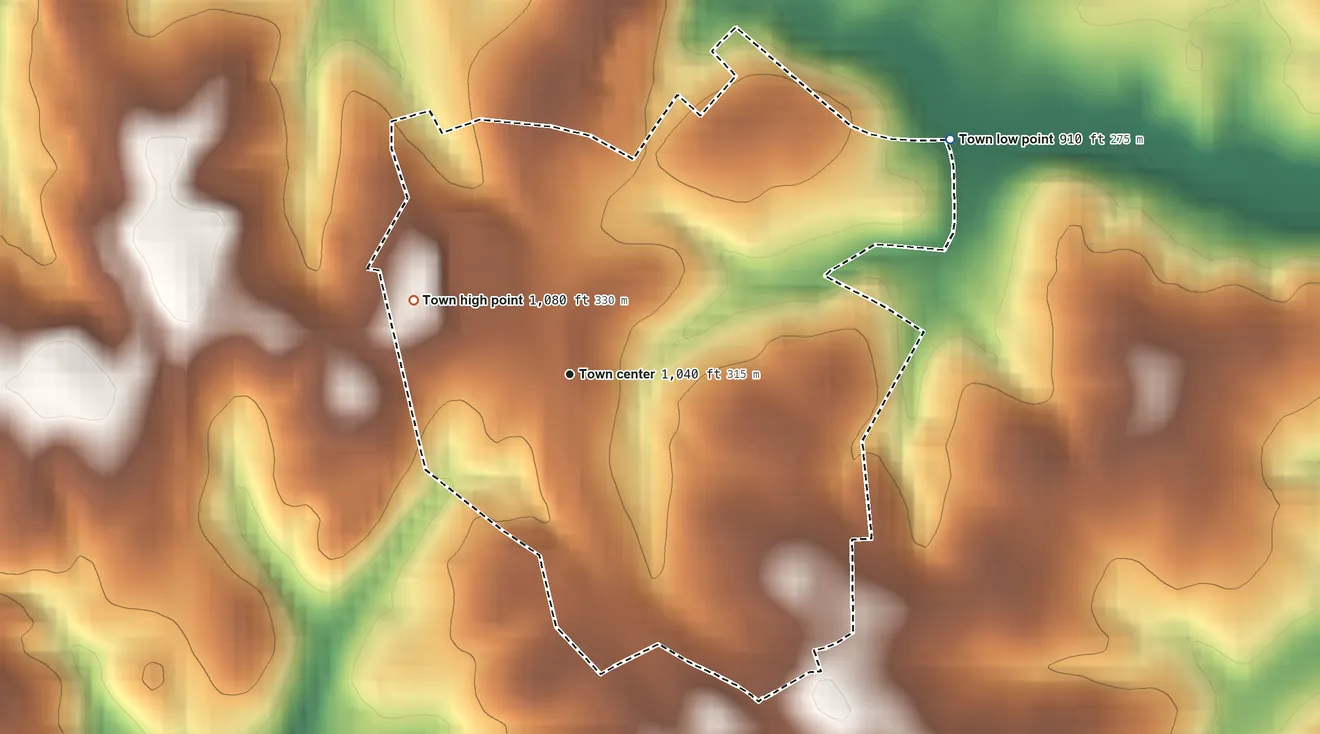 Topographic elevation map of Ruth, North Carolina, shaded from 910 ft on the northeast side to 1,080 ft on the northwest side