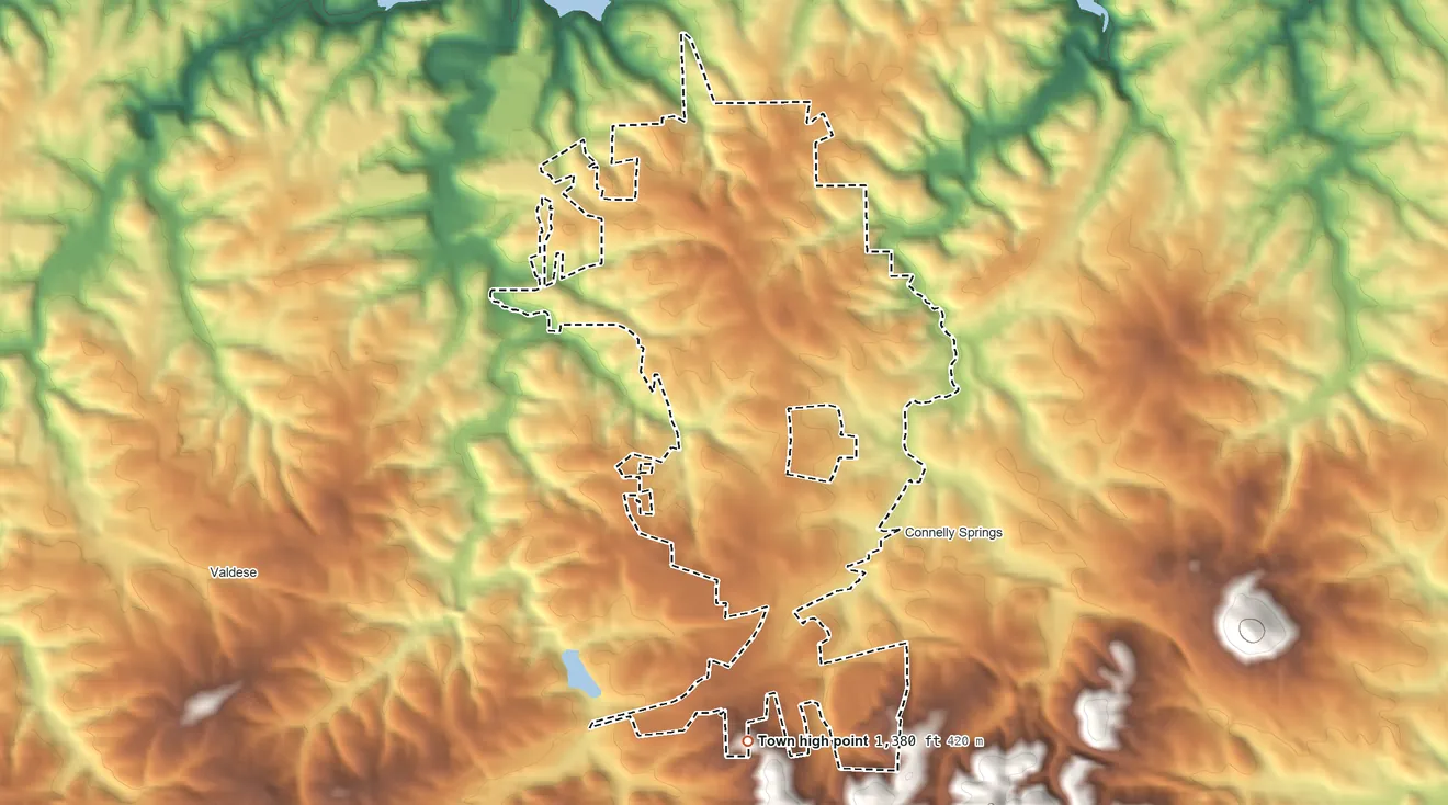Topographic elevation map of Rutherford College, North Carolina, shaded from 1,010 ft on the north side to 1,380 ft at the foot of the Montague Hills