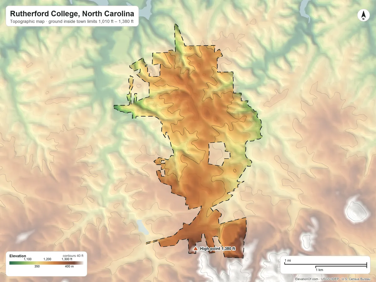 Topographic elevation map of Rutherford College, North Carolina, shaded from 1,010 ft on the north side to 1,380 ft at the foot of the Montague Hills