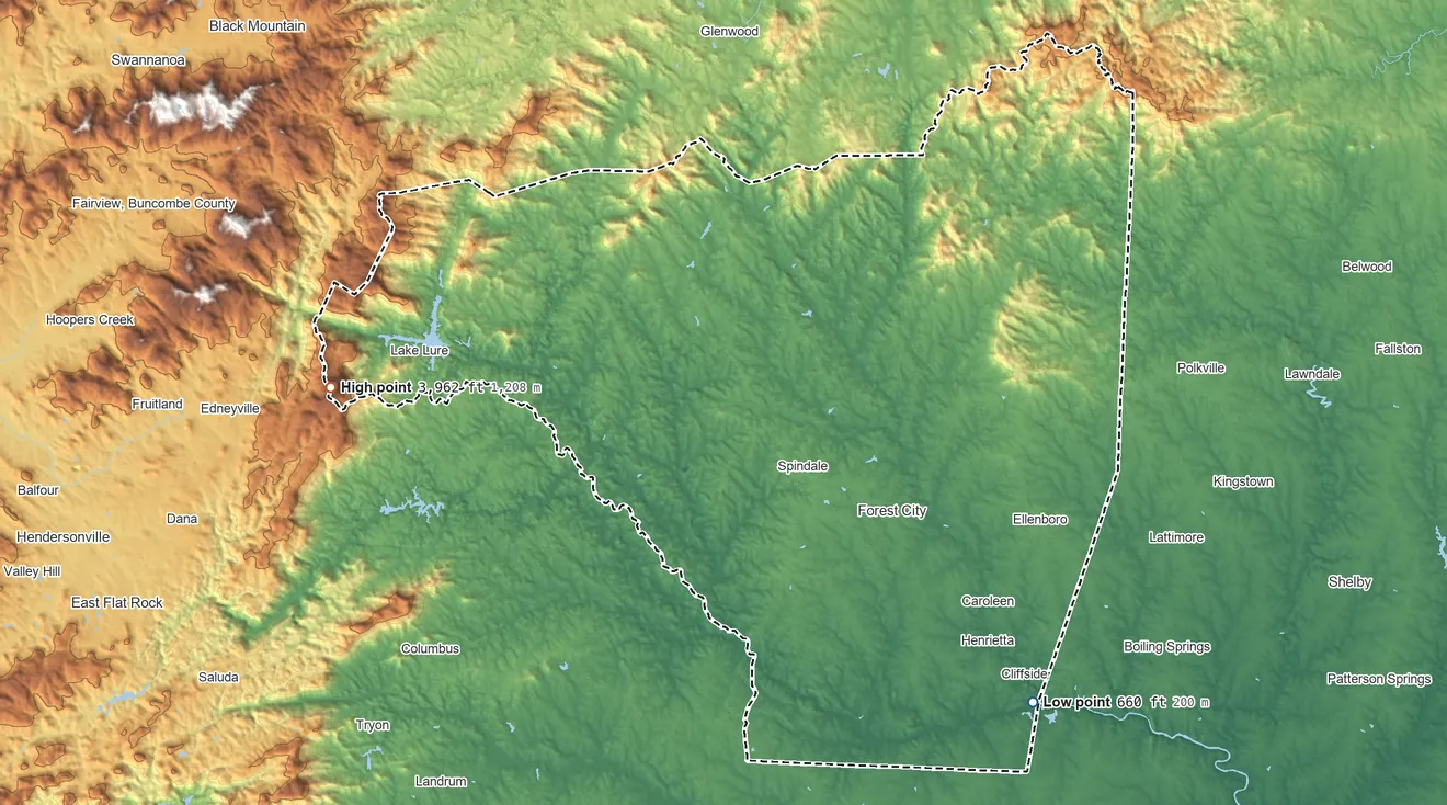 Topographic elevation map of Rutherford County, North Carolina, shaded from 660 ft on the southeast side to 3,962 ft on Sugarloaf Mountain