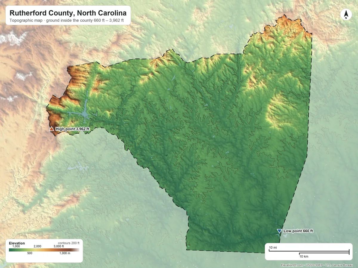 Topographic elevation map of Rutherford County, North Carolina, shaded from 660 ft on the southeast side to 3,962 ft on Sugarloaf Mountain